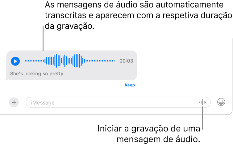 Uma conversa na aplicação Mensagens a mostrar o botão “Gravar áudio” junto ao campo de mensagem na parte inferior da janela. Uma mensagem de áudio aparece na conversa com a respetiva transcrição e duração.