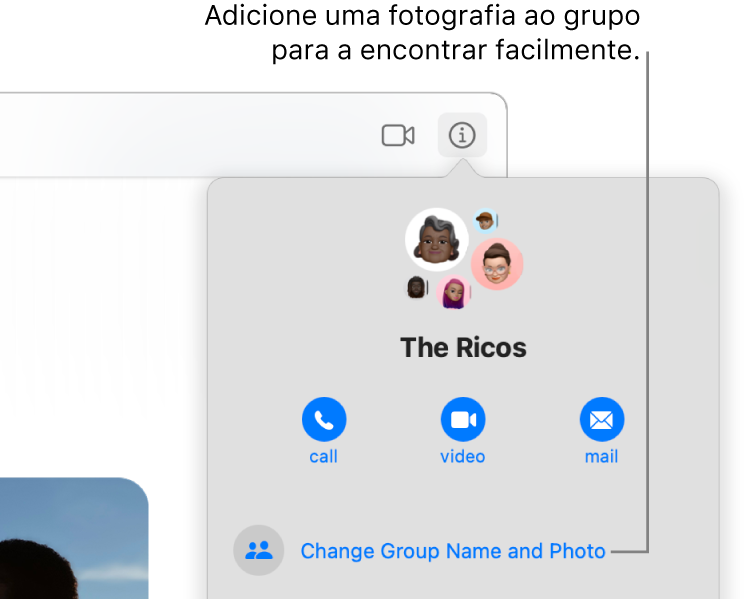 A vista de informação de uma conversa de grupo, que aparece quando se clica no botão de informação numa conversa, a mostrar ícones dos membros do grupo e o nome do grupo. Por baixo do nome do grupo existem botões para fazer uma chamada de áudio ou uma chamada FaceTime vídeo, ou enviar um e‑mail ao grupo. Por baixo, encontra‑se o botão para alterar o nome do grupo e a fotografia.