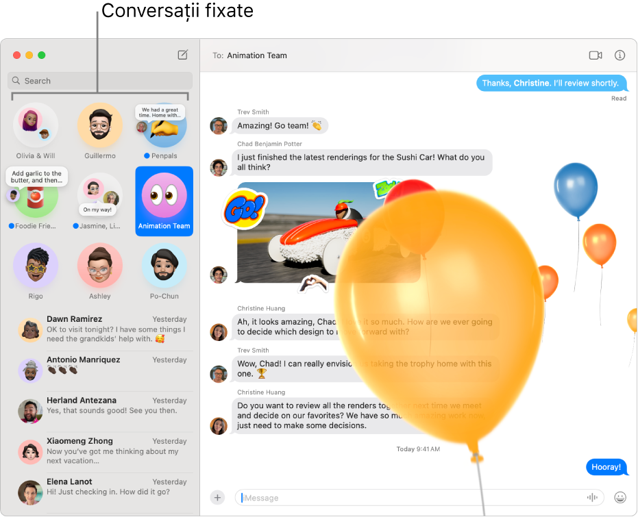 Aplicația Mesaje cu mai multe conversații fixate în partea stângă a ferestrei.