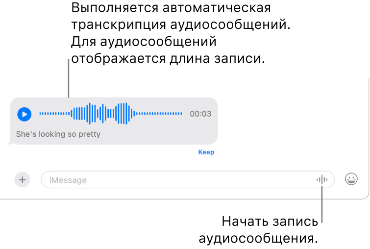 В приложении «Сообщения» открыт разговор: в нижней части окна показана кнопка «Записать аудио» рядом с полем сообщения. В разговоре отображается аудиосообщение с расшифровкой и указанием его длины.