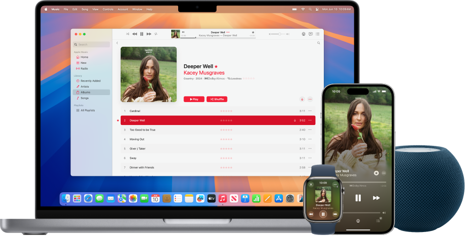 Una cançó reproduint‑se en un Mac, un iPhone i un Apple Watch amb un HomePod.