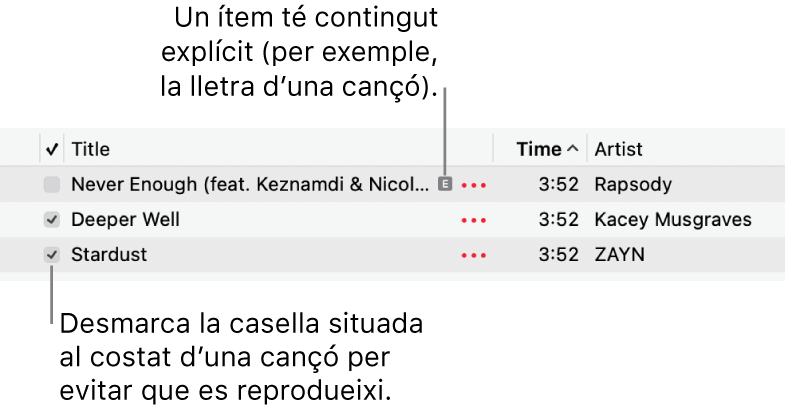 Detall de la llista de cançons a l’app Música amb les caselles de selecció i un símbol d’explícit a la primera cançó (aquest símbol indica que té contingut explícit, que pot ser la lletra de la cançó). Desmarca la casella que hi ha al costat d’una cançó perquè no es reprodueixi.