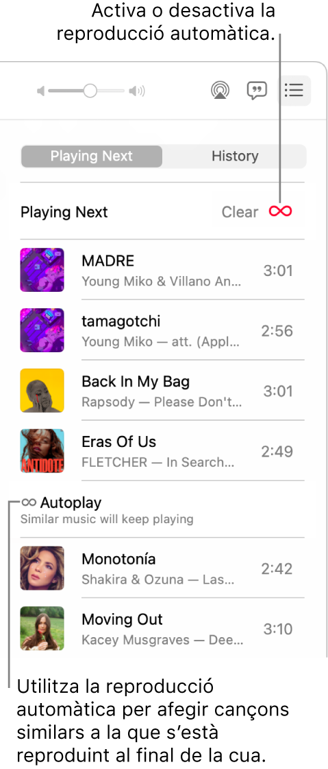 La cua “A continuació”. Fes clic al botó de la reproducció automàtica per activar‑la o desactivar‑la. Quan la reproducció automàtica està activada, afegeix cançons similars a la cua.