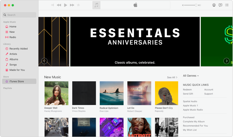 The iTunes Store main window: in the sidebar, iTunes Store is highlighted.