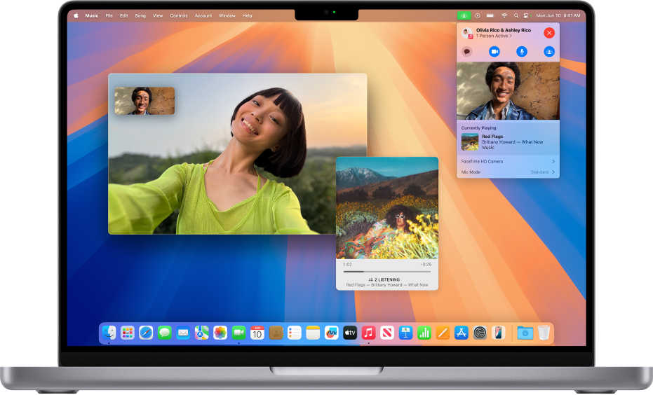 La ventana de FaceTime mostrando una llamada donde los participantes están usando SharePlay para escuchar un álbum juntos.