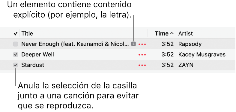 Detalle de la lista de canciones en Música, con las casillas a la izquierda y el símbolo de contenido explícito para la primera canción (que indica que su contenido es explícito, por ejemplo, la letra). Anula la selección junto a una canción para evitar que se reproduzca.