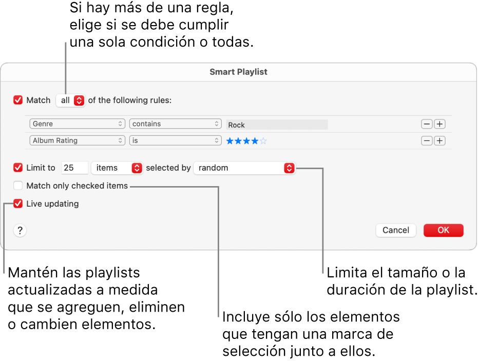 El diálogo de la playlist inteligente: en la esquina superior izquierda, selecciona Cumplir y especifica los criterios de la playlist (por ejemplo, un género o calificación). Continúa agregando o eliminando reglas haciendo clic en el botón Agregar o Eliminar en la esquina superior derecha. Selecciona varias opciones en el área inferior del diálogo, por ejemplo, puedes limitar el tamaño o la duración de la playlist, incluir sólo las canciones seleccionadas o hacer que Música actualice la playlist como elementos en tu cambio de biblioteca.