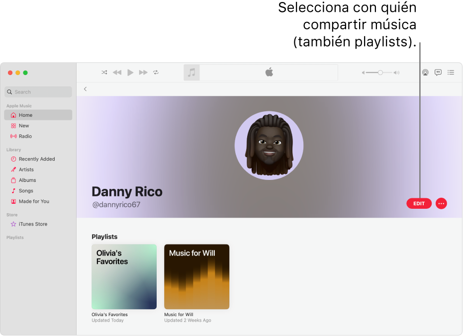 La página de perfil en Apple Music: en el lado derecho de la ventana, haz clic en Edición para seleccionar quién puede seguirte. A la derecha de Edición, haz clic en el botón Más para compartir tu música.