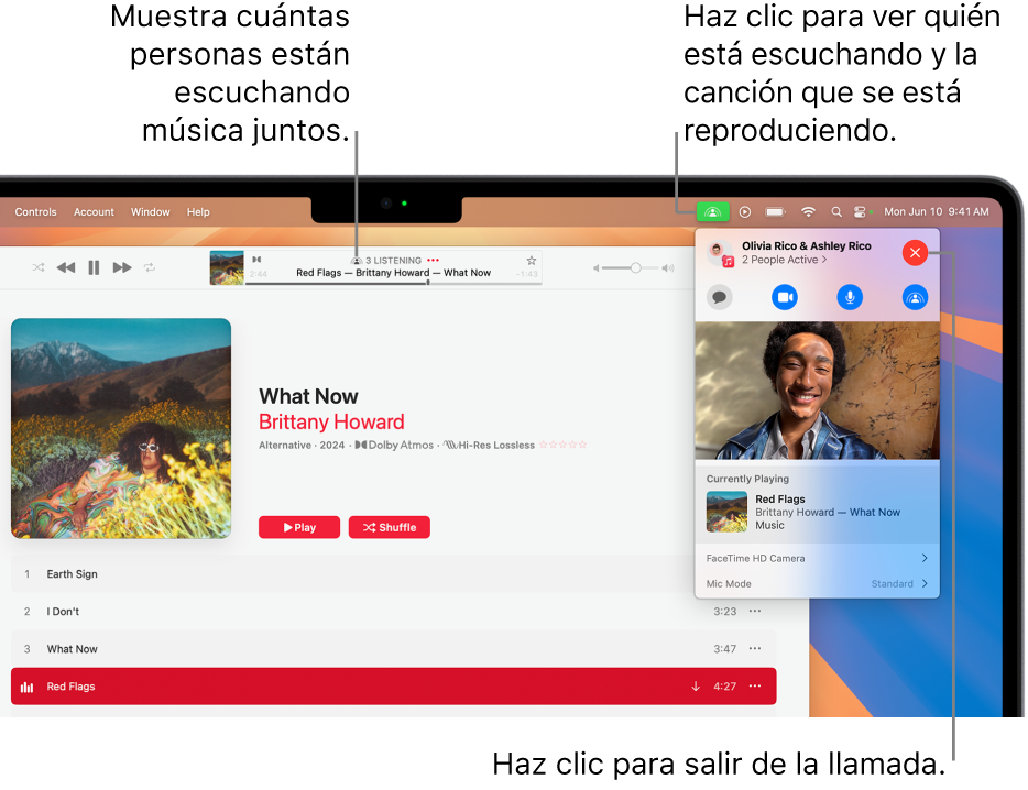 La ventana de Apple Music con una canción reproduciéndose mientras se está usando SharePlay. La ventana de reproducción muestra cuánta gente está escuchando la música a la vez. A la derecha, se hace clic en el botón SharePlay y puedes ver quién está escuchando y la canción que suena. A la derecha, puedes hacer clic en el botón Cerrar.