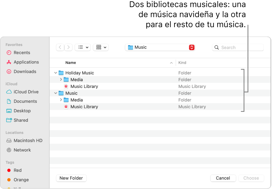 La ventana del Finder con varias bibliotecas: una para la música de las vacaciones y la otra para el resto de la música.