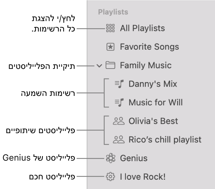 סרגל הצד של ״מוזיקה״ מציג את הסוגים השונים של רשימות: ״שירים מועדפים״, Genius, ״חכמים״ ופליליסטים. כדי להציג את כולן, לחץ/י על “כל הרשימות”.