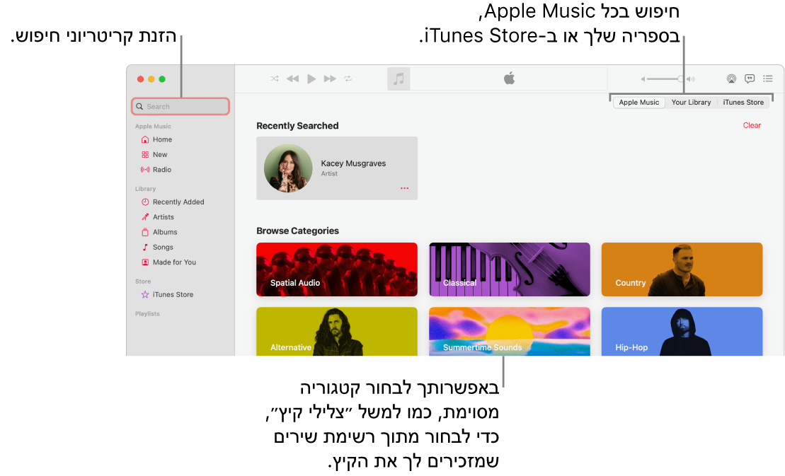 החלון של Apple Music מציג את שדה החיפוש בפינה הימנית העליונה, רשימת הקטגוריות במרכז החלון, ו‑ Apple Music, :״הספריה שלך״ ו‑iTunes Store זמינים בפינה השמאלית העליונה. הזן/י מונח חיפוש בשדה החיפוש ובחר/י אם לחפש בכל Apple Music, רק בספריה שלך או ב‑iTunes Store.