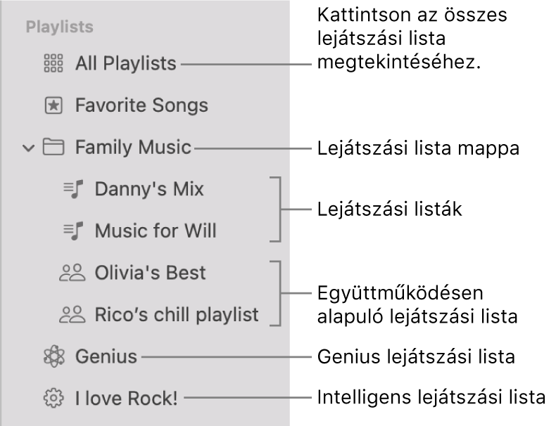 A Zene oldalsávon különböző típusú lejátszási listák láthatók: Kedvenc dalok, Genius, Intelligens és lejátszási listák. Az összes lejátszási lista megtekintéséhez kattintson az Összes lejátszási lista elemre.