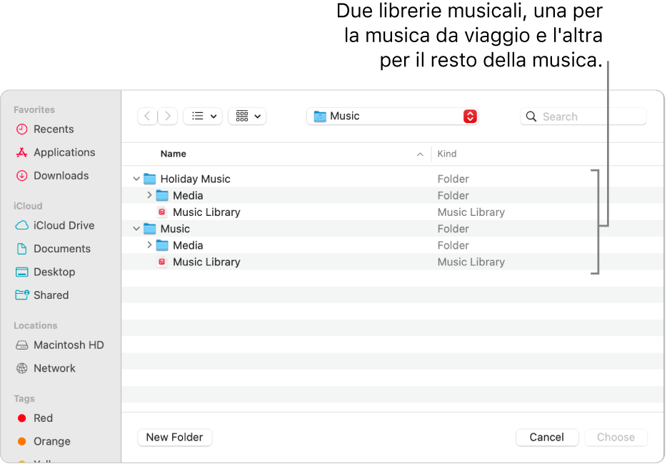 La finestra del Finder che mostra più librerie: una per la musica da viaggio e le altre per il resto della musica.