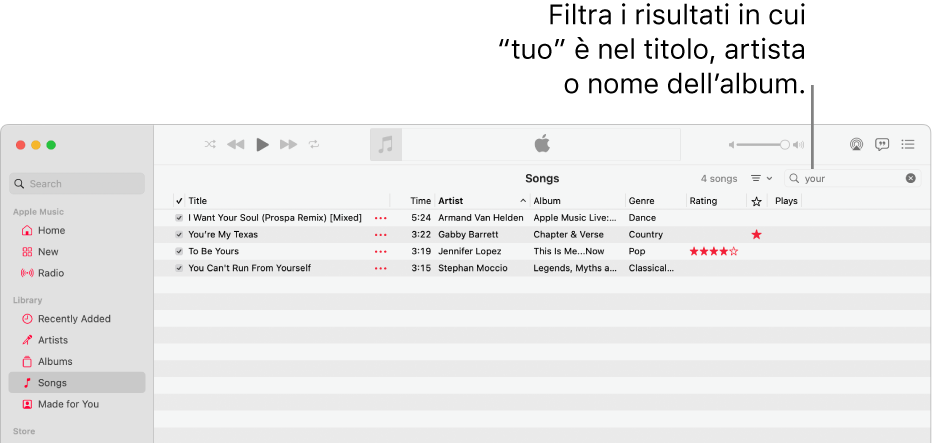 La finestra di Apple Music mostra l’elenco dei brani che vengono visualizzati digiti “your” nel campo del filtro nell’angolo in alto a destra. I brani nell’elenco includono la parola “your” nel titolo, nell’artista o nel nome dell’album.