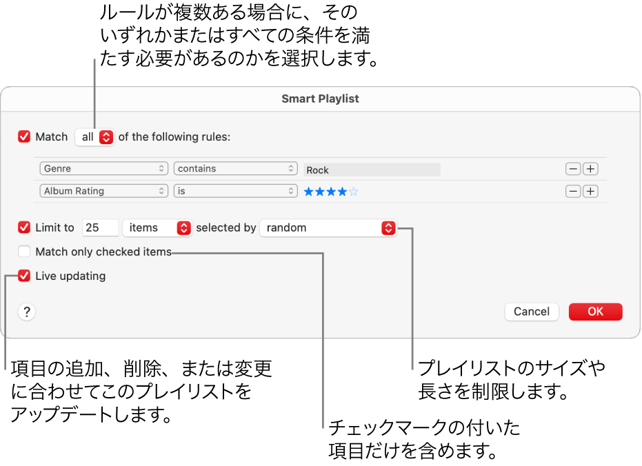 「スマートプレイリスト」ダイアログ: 左上隅で「対象メディア」を選択してから、プレイリストの条件（ジャンルや評価など）を指定します。続けて、右上隅にある追加または削除ボタンをクリックして、ルールを追加または削除していきます。ダイアログの下部でさまざまなオプション（プレイリストのサイズや長さを制限したり、チェックマークのある曲のみを含めたり、ライブラリ内の項目の変更に合わせてプレイリストをアップデートしたりするなど）を選択します。