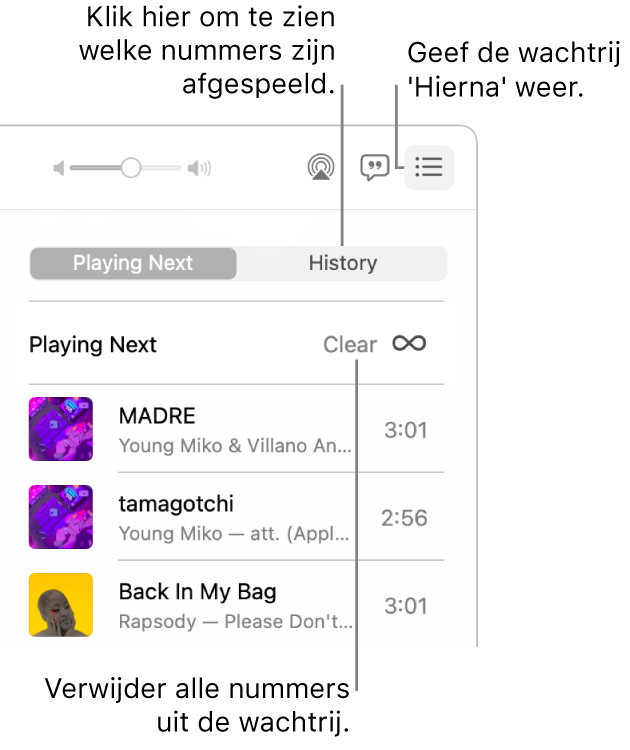 De knop 'Hierna' rechtsboven op de Apple Music-pagina is geselecteerd en de wachtrij is zichtbaar. Klik op de link 'Geschiedenis' om eerder afgespeelde nummers weer te geven. Met de link 'Wis' worden alle nummers uit de wachtrij verwijderd.