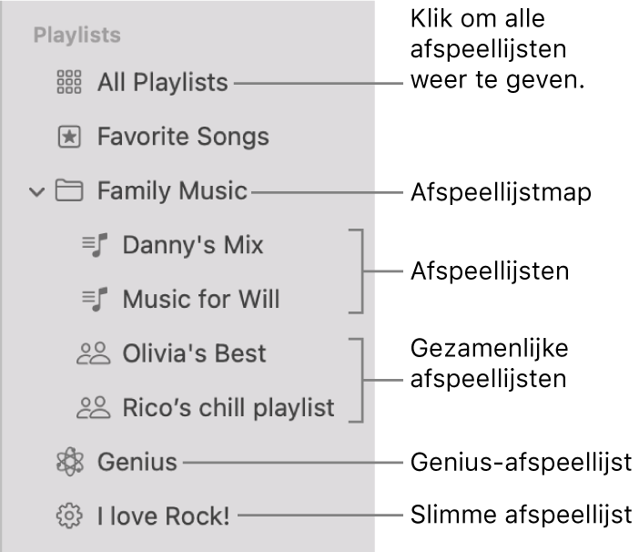 In de navigatiekolom van Muziek zie je de diverse typen afspeellijsten: Favoriete nummers, Genius, slimme afspeellijsten en andere afspeellijsten. Klik op 'Alle afspeellijsten' om ze allemaal te bekijken.