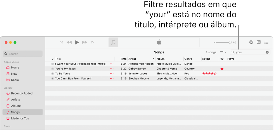 A janela de Apple Music a mostrar a lista de músicas que surgem quando “your” é digitado no campo de filtro no canto superior esquerdo. As músicas na lista incluem a palavra “your” no título, intérprete ou nome do álbum.