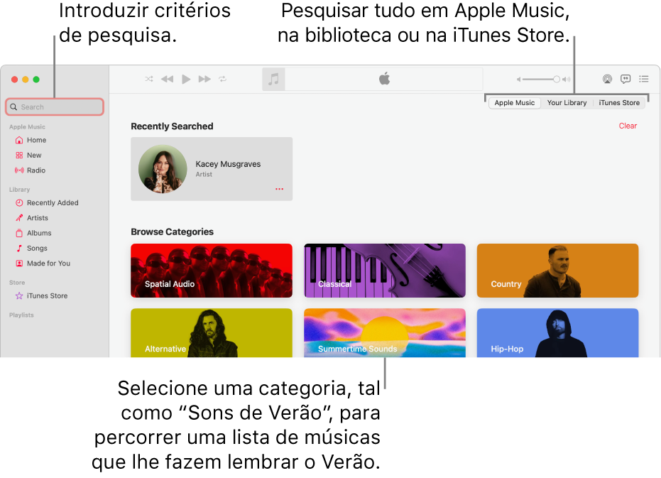 A janela da aplicação Música a mostrar o campo de pesquisa no canto superior esquerdo, a lista de categorias ao centro da janela e Apple Music, “A sua biblioteca” e iTunes Store disponíveis no canto superior direito. Digite os critérios de pesquisa no campo de pesquisa e, em seguida, escolha se pretende pesquisar em Apple Music, apenas a biblioteca ou a iTunes Store.