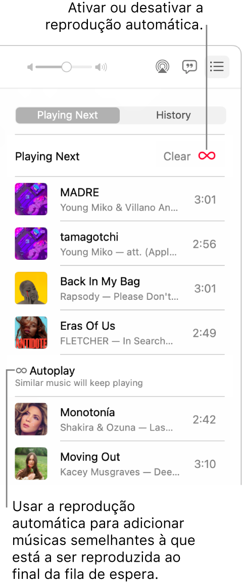 A fila de espera “A seguir”. Clique no botão de reprodução automática para a ativar ou desativar. Quando a reprodução automática está ativada, são adicionadas músicas semelhantes à última posição da fila de espera.