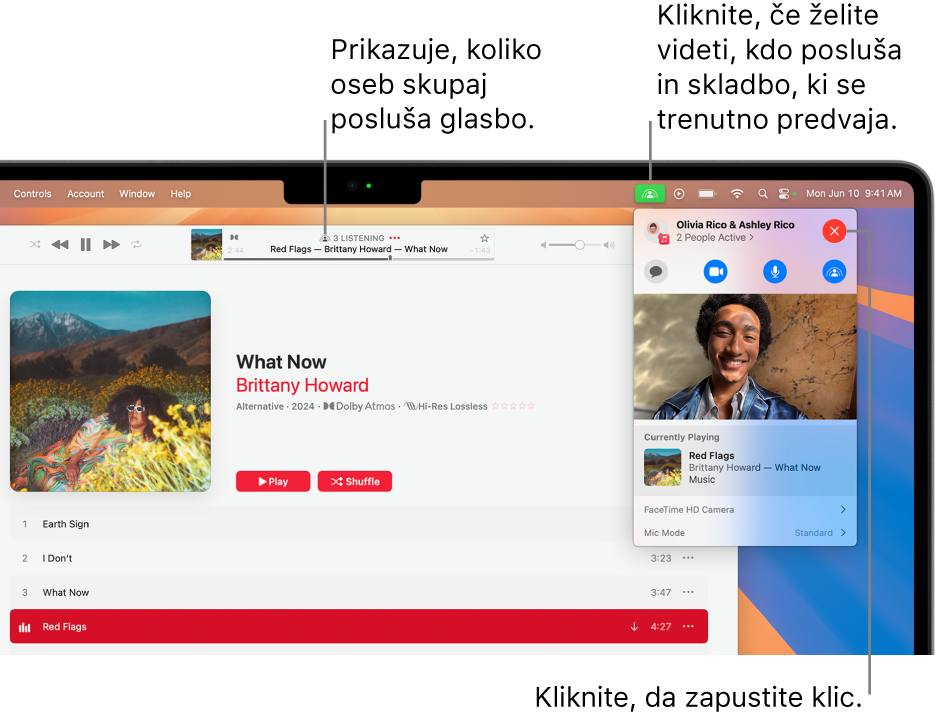 Okno storitve Apple Music, v katerem se predvaja glasba med uporabo funkcije SharePlay. Okno predvajanja prikazuje število oseb, ki skupaj poslušajo glasbo. Na desni je prikazana ikona kliknjene funkcije SharePlay s seznamom poslušalcev in trenutno predvajano skladbo. Na desni strani lahko kliknete gumb Zapri.