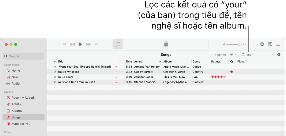 Cửa sổ Apple Music đang hiển thị danh sách bài hát xuất hiện khi bạn nhập “your” vào trường bộ lọc ở góc trên cùng bên phải. Các bài hát trong danh sách có chứa từ “your“ trong tiêu đề, tên nghệ sĩ hoặc tên album.