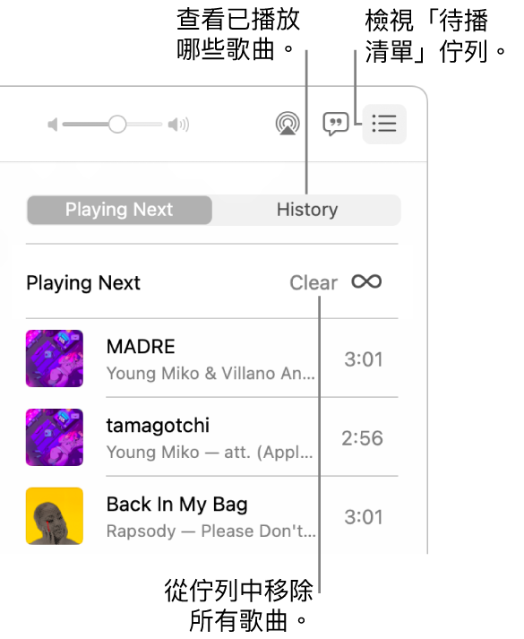 已選擇 Apple Music 右上角的「待播清單」按鈕，然後顯示佇列。 按一下「紀錄」連結以顯示之前播放過的歌曲。 按一下「清除」連結以移除佇列中的所有歌曲。