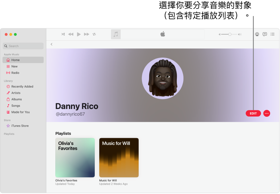 Apple Music 中的個人檔案頁面：在視窗右側，按一下「編輯」來選擇誰可以追蹤你。在「編輯」右側，按一下「更多」按鈕來分享你的音樂。