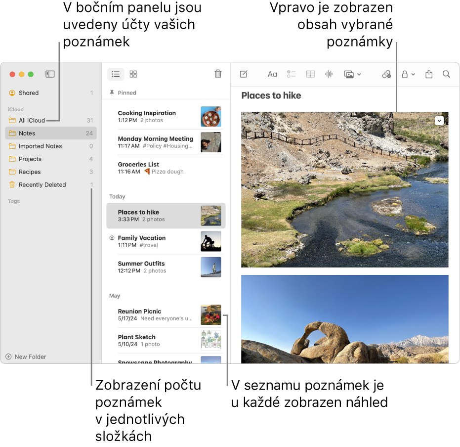 Okno aplikace Poznámky na Macu se seznamem všech nakonfigurovaných účtů a složek v seznamu na bočním panelu vlevo; uprostřed seznam poznámek s náhledy každé z nich; vpravo obsah vybrané poznámky. U každé složky je zobrazen počet poznámek.