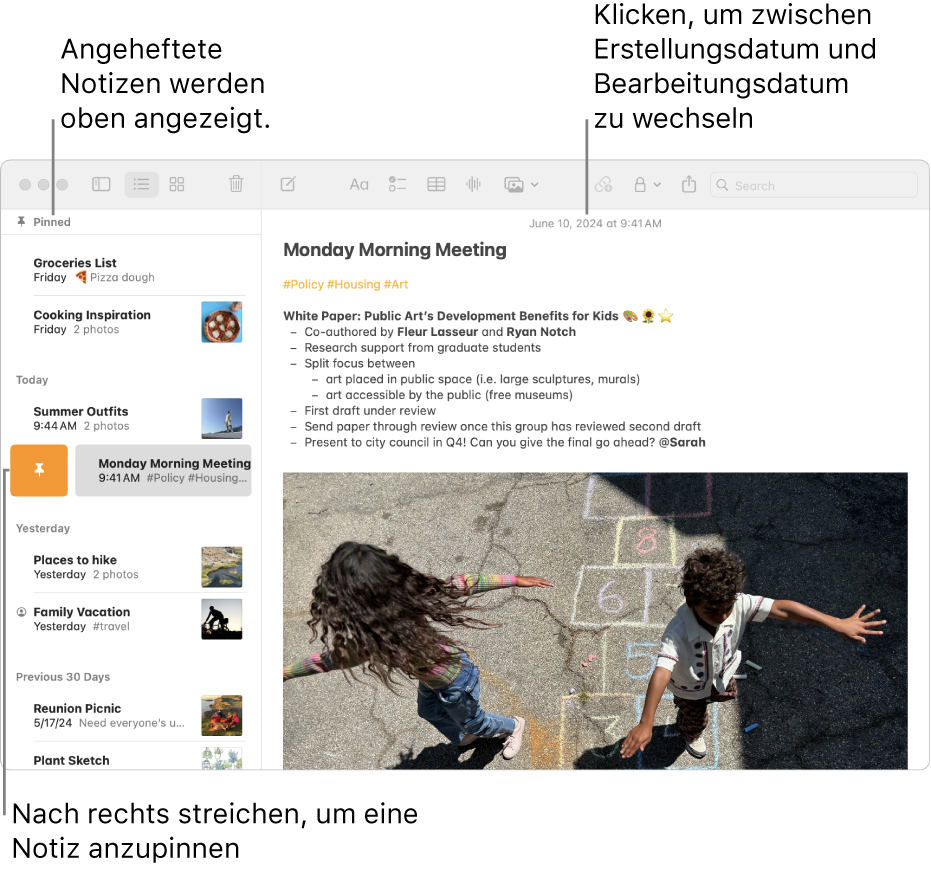 Ein Fenster der App „Notizen“ auf dem Mac mit der Liste der Notizen auf der linken Seite, angehefteten Notizen oben in der Liste und der Stecknadel-Taste auf einer Notiz. Der Inhalt der Notiz wird rechts mit dem Datum oben angezeigt. Durch Klicken auf das Datum kann zwischen Erstellungs- und Bearbeitungsdatum gewechselt werden.