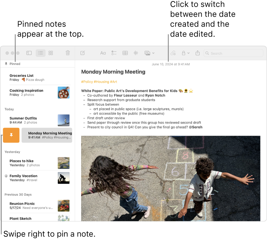 A Notes app window on Mac with the list of notes at the left, pinned notes at the top of the notes list and the Pin button on one note. The content of that note appears on the right with the date at the top; click the date to switch between the date created and the date edited.