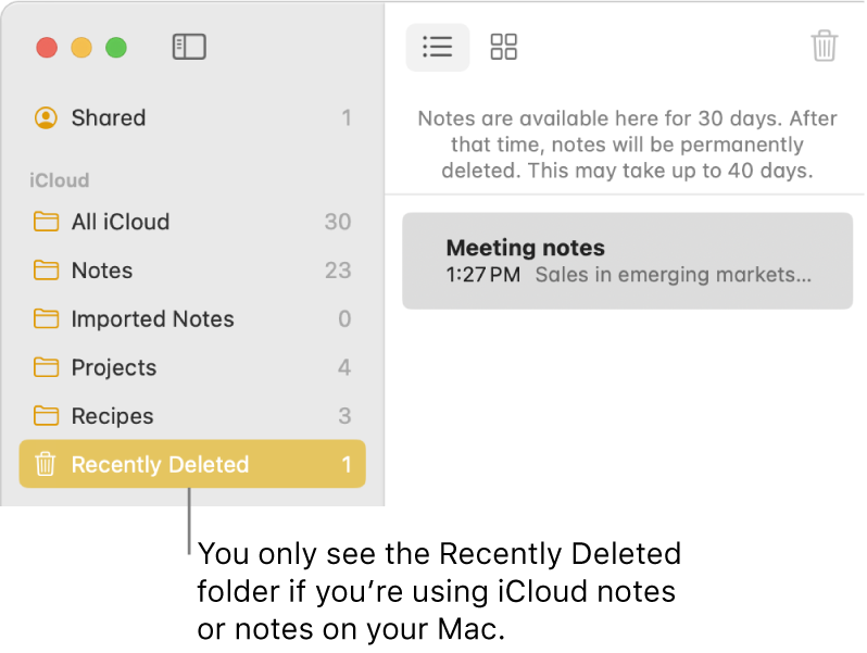 The Notes window with the Recently Deleted folder in the sidebar and a recently deleted note. You only see the Recently Deleted folder if you’re using iCloud notes or notes on your Mac.