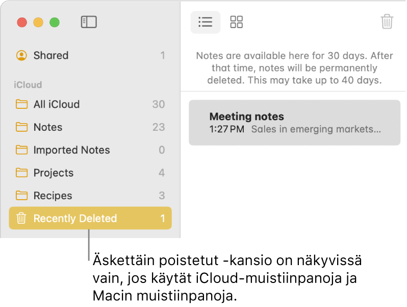 Muistiinpanot-ikkuna, jonka sivupalkissa näkyy Äskettäin poistetut -kansio ja äskettäin poistettu muistiinpano. Äskettäin poistetut -kansio näkyy vain, jos iCloud-muistiinpanoja tai muistiinpanoja Macissa.