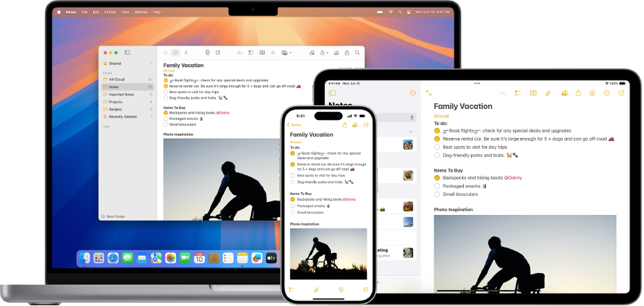 Une même note dans l’app Notes sur un Mac, un iPhone et un iPad. Sur la gauche, l’app Notes sur Mac affiche la fenêtre Notes contenant plusieurs dossiers de notes dans le compte iCloud de l’utilisateur. Le dossier Projets contient quatre notes. L’utilisateur consulte actuellement une note intitulée « Vacances en famille ». Sur la droite, cette même note est affichée sur un iPhone et un iPad. La note comporte deux listes de pointage ainsi qu’une image d’un cycliste au coucher du soleil.