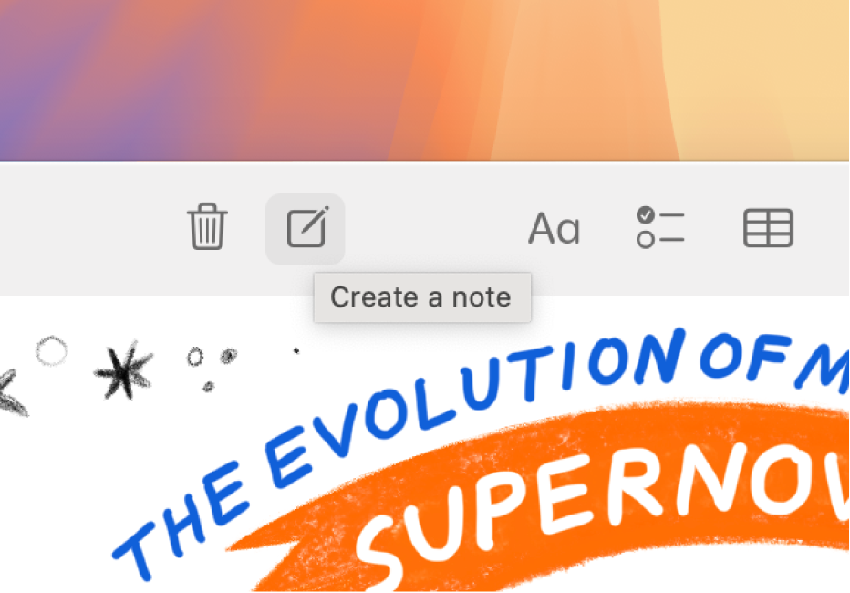 Une fenêtre recardée de l’app Notes sur Mac affichant une note ainsi que le bouton « Créer une note » dans la barre d’outils de Notes.