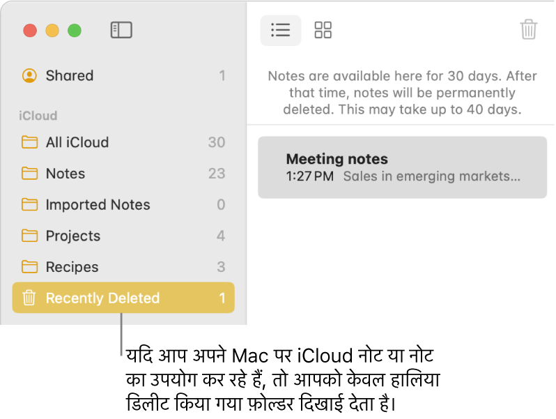 साइडबार में “हालिया डिलीट किए गए” फ़ोल्डर और हासिला डिलीट हुए नोट के साथ नोट्स विंडो। आप केवल “हालिया डिलीट किए गए” फ़ोल्डर ही देख सकते हैं यदि आप iCloud नोट्स या अपने Mac पर मौजूद नोट्स का उपयोग कर रहे हैं।