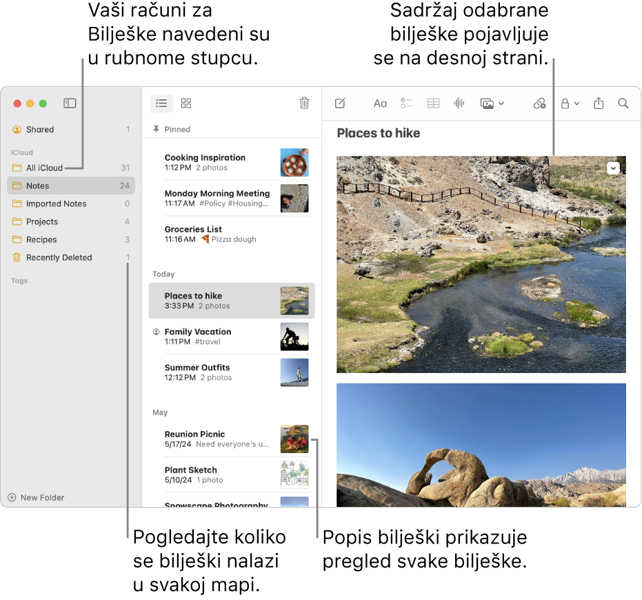 Prozor aplikacije Bilješke na Macu sa svim vašim konfiguriranim računima i mapama nalazi se u rubnom stupcu na lijevoj strani, popis bilješki u sredini prikazuje pregled svake bilješke, a sadržaj odabrane bilješke pojavljuje se na desnoj strani. Broj bilješki pojavljuje se desno od svake mape.