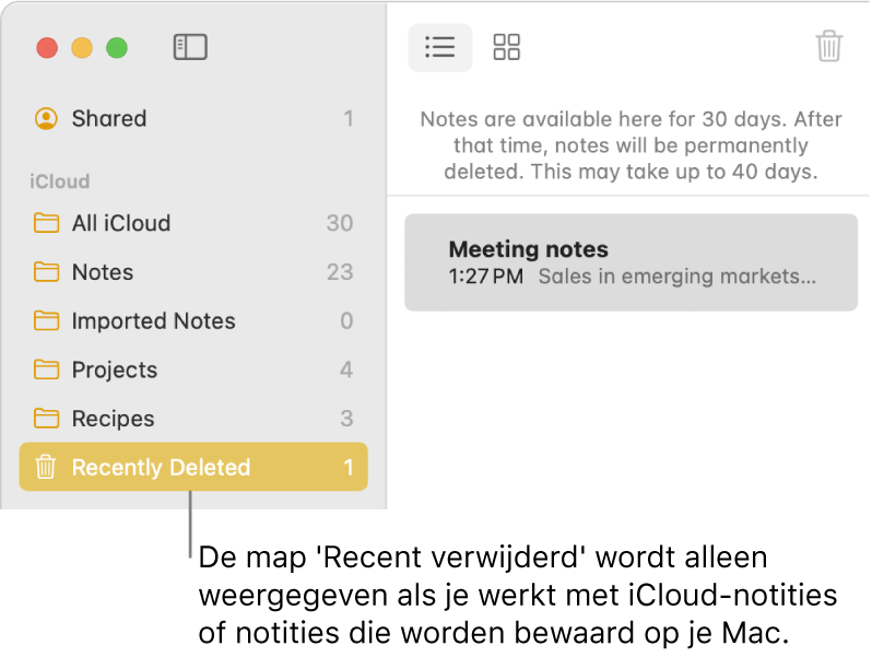 Het Notities-venster met de map 'Recent verwijderd' in de navigatiekolom en een recent verwijderde notitie. Je ziet de map 'Recent verwijderd' alleen als je werkt met notities in iCloud of notities op je Mac.