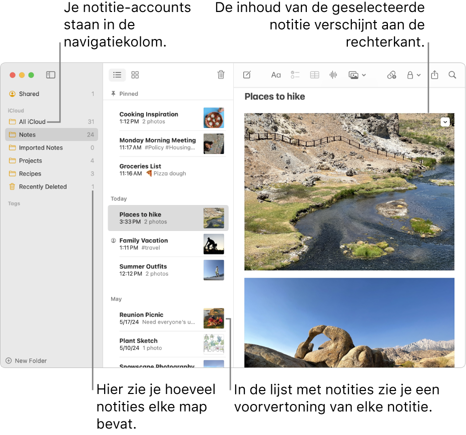 Een venster van de app Notities op de Mac met al je geconfigureerde accounts en mappen in de navigatiekolom aan de linkerkant, de lijst met notities in het midden met een voorvertoning van elke notitie en de inhoud van de geselecteerde notitie aan de rechterkant. Het aantal notities wordt naast elke map weergegeven.