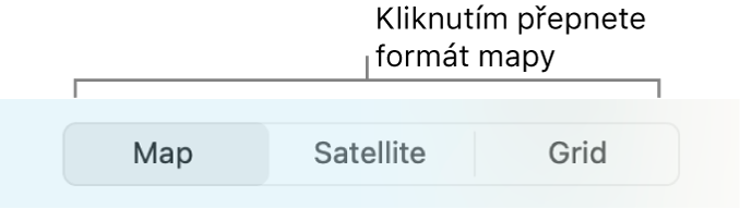 Tlačítka Mapa, Satelitní a Mřížka.
