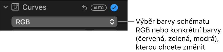 Ovládací prvky Křivky na panelu Úpravy s volbou RGB vybranou v místní nabídce