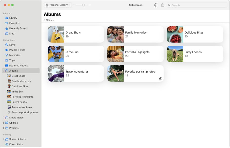 The Photos app with Albums selected in the sidebar and albums shown on the right.