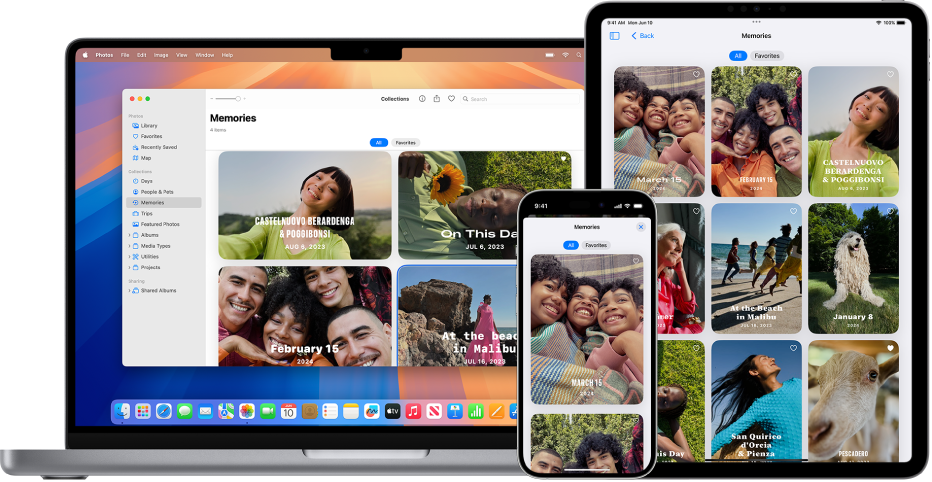 An iPhone, MacBook and iPad all showing memories from the same photo library.