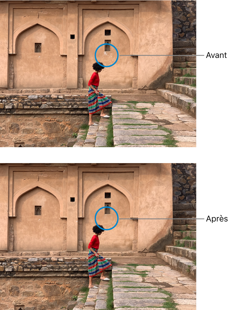 Une photo montrant des empreintes de mains visibles sur un mur en arrière-plan, puis la même photo après retouche, sans empreintes.