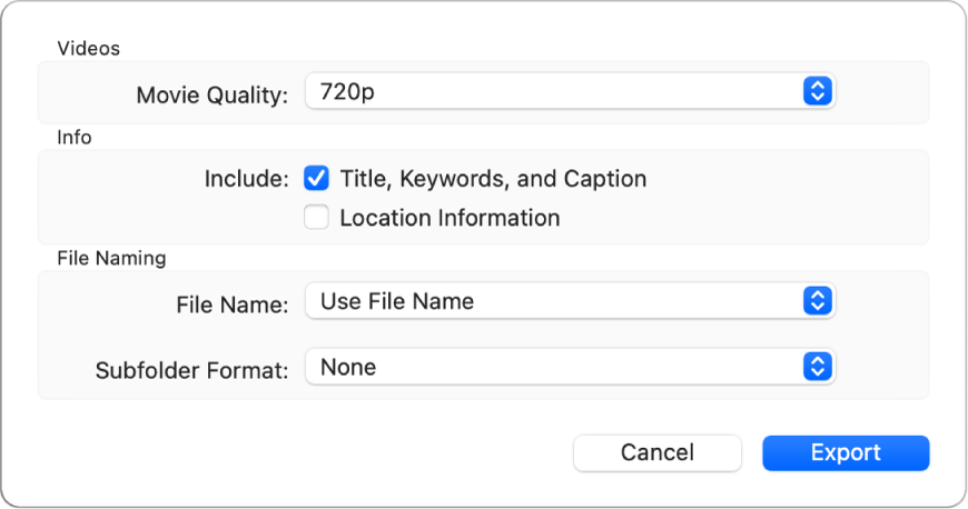 Une zone de dialogue présentant les options d’export de vidéos.