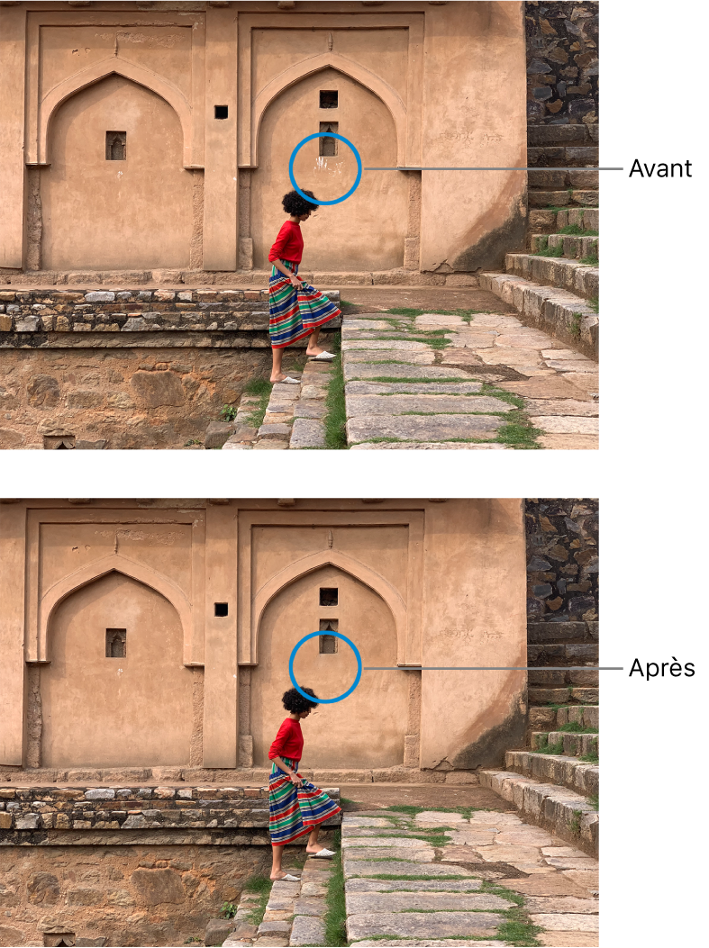 Un photo montrant des empreintes sur un mur en arrière-plan et la même photo après retouches, sur laquelle les empreintes ont été supprimées.