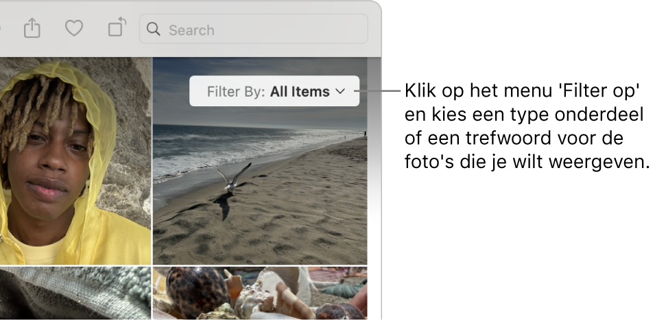 Het pop‑upmenu 'Filter op' waarin alle onderdelen worden weergegeven.