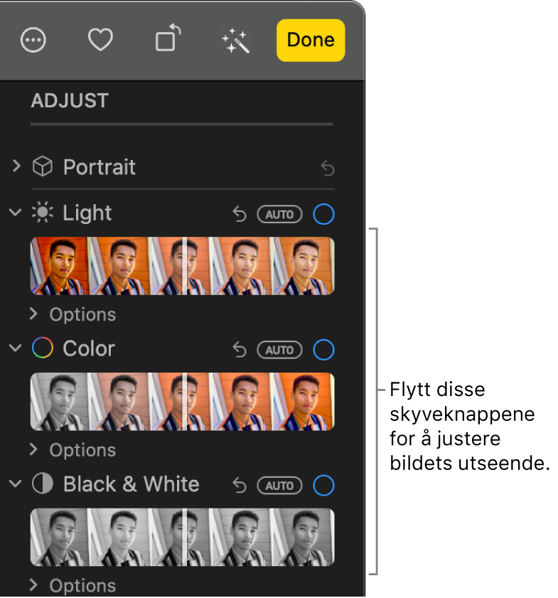 Lys-, Farge- og Svart-hvitt-skyveknappene i Juster-panelet. En Auto-knapp vises over hver skyveknapp.