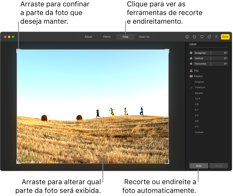 Foto na visualização de edição, com Recortar selecionado na barra de ferramentas, um retângulo de seleção ao redor da foto, e controles deslizantes de ajuste, opções de proporção, e botões Automático e Redefinir à direita.